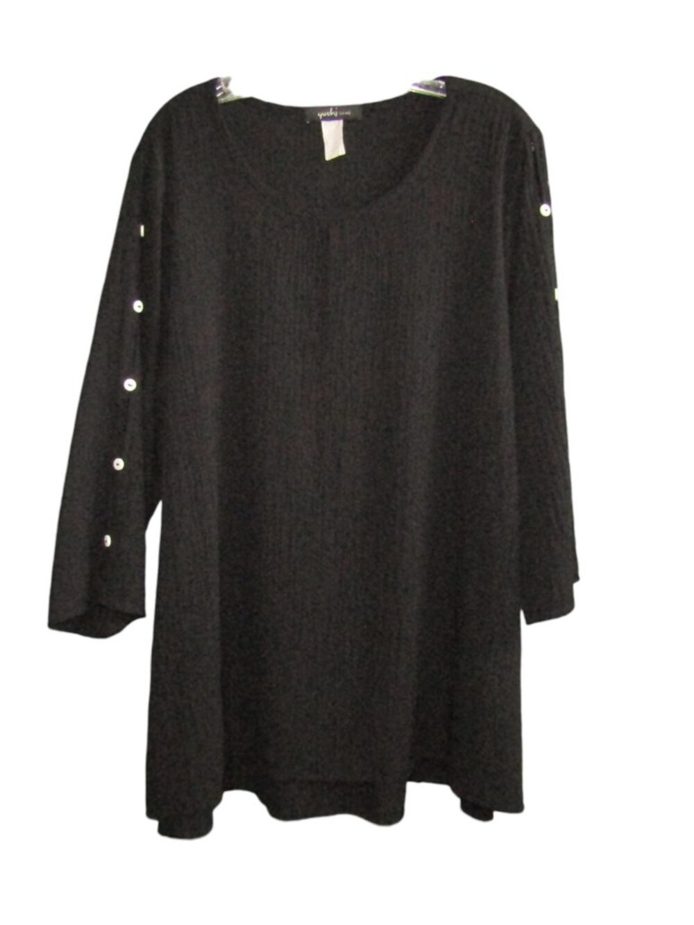 Yushi Black Textured Tunic Top Womens Size XL 3/4 Open Button Sleeve Lagenlook
